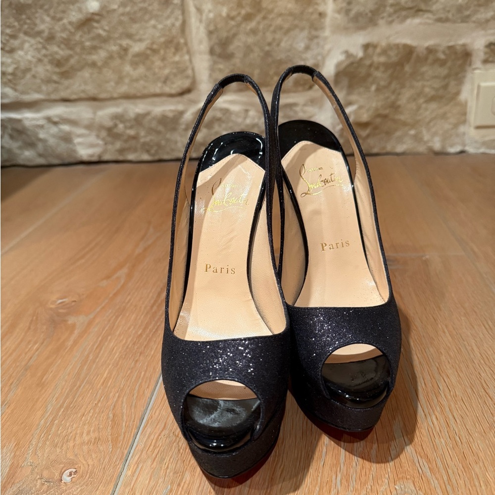 Christian Louboutin Glitter Black Peep-Toe Heels